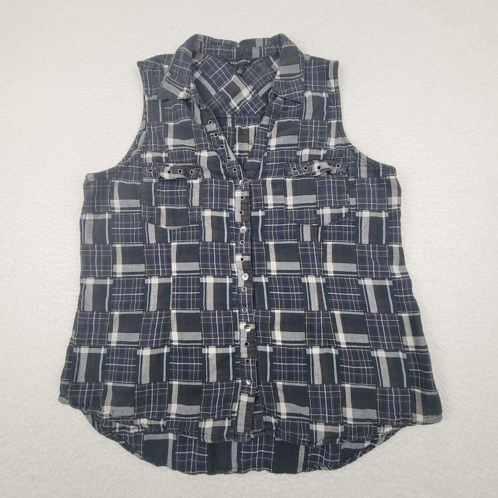Rock‎ & Republic Button Up Vest Womens XL Black White Purple Plaid Cotton **READ